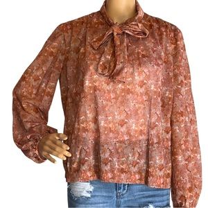 Vintage 70s Fall Orange Floral Semi Sheer Blouse
